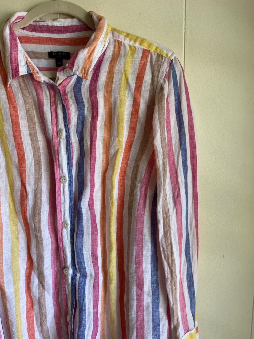 Talbots Multicolor Striped Button-Down Linen Beach Coastal Summer Shirt Sz LP - Picture 9 of 9